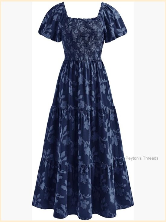 Dresses & Skirts - Boho Maxi Dress Floral Short Sleeve Square Neck Smocked Flowy Long Vacation